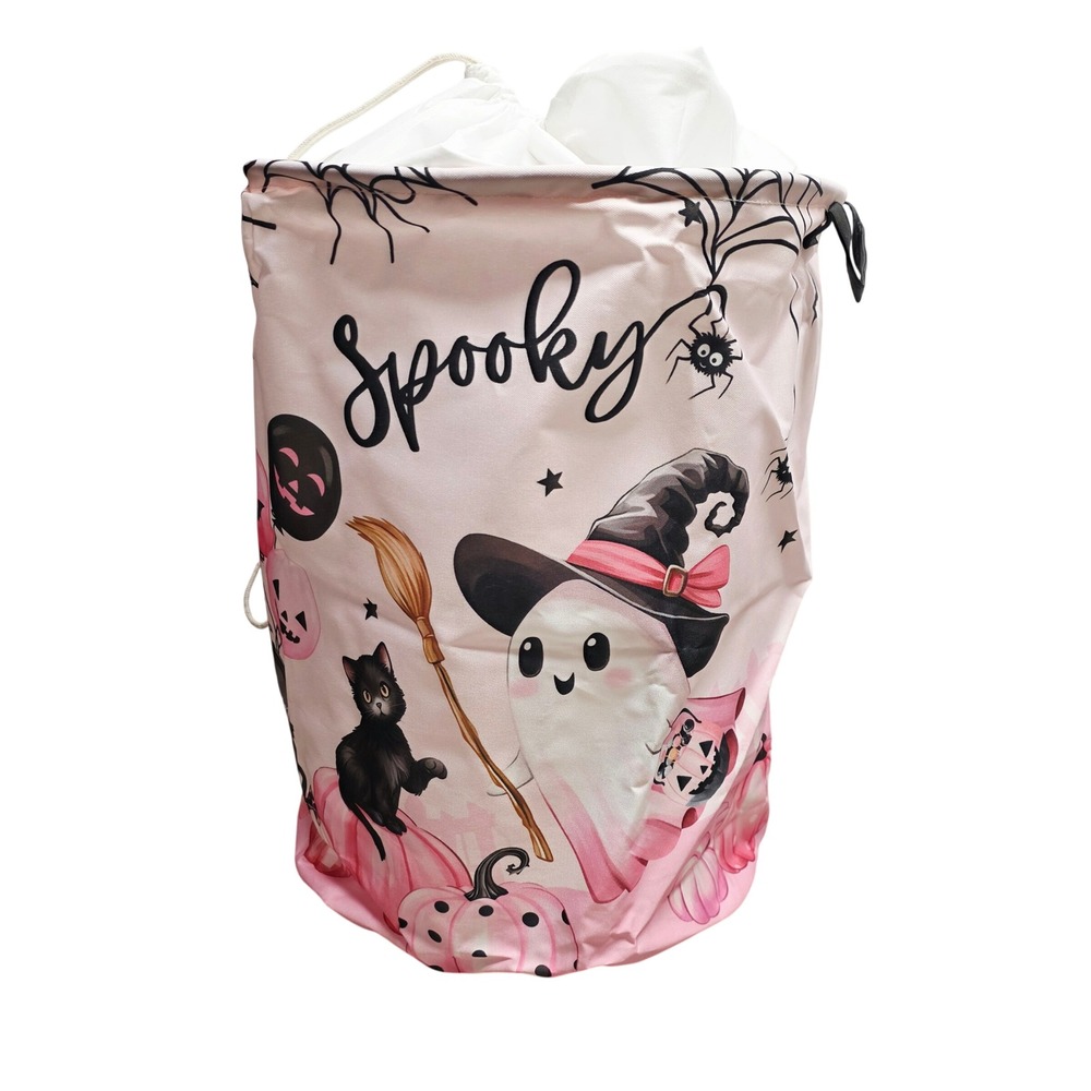 Pink Halloween Spooky Ghost Black Cat Laundry Hamper Storage Bin Pinkoween 18in